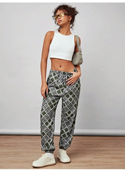 Vintage College Grid Casual Pants, American Style Harem Pants For Women With El