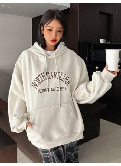 Letter Embroidered Kangaroo Pocket Drawstring Hoodie - Choose Your Size