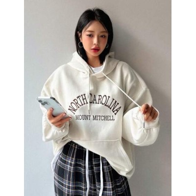 Letter Embroidered Kangaroo Pocket Drawstring Hoodie - Choose Your Size