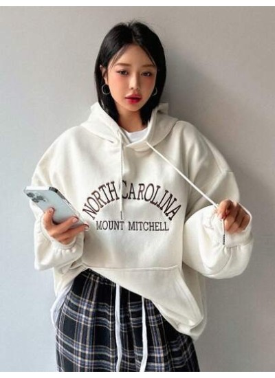 Letter Embroidered Kangaroo Pocket Drawstring Hoodie - Choose Your Size