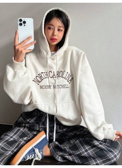 Letter Embroidered Kangaroo Pocket Drawstring Hoodie - Choose Your Size