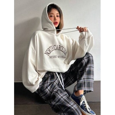 Letter Embroidered Kangaroo Pocket Drawstring Hoodie - Choose Your Size