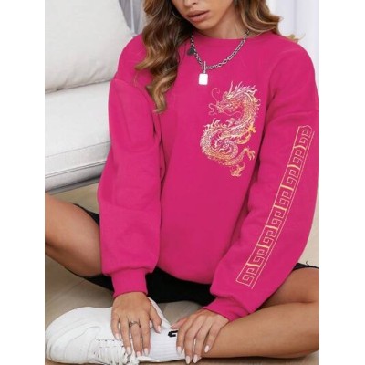 EZwear Dragon Geometric Printed Round Neck Sweatshirt - Choose Your Size