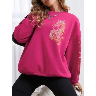 EZwear Dragon Geometric Printed Round Neck Sweatshirt - Choose Your Size