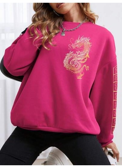 EZwear Dragon Geometric Printed Round Neck Sweatshirt - Choose Your Size