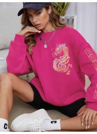 EZwear Dragon Geometric Printed Round Neck Sweatshirt - Choose Your Size