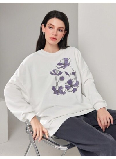 Mulvari Floral Embroidered Drop Shoulder Sweatshirt - Choose Your Size