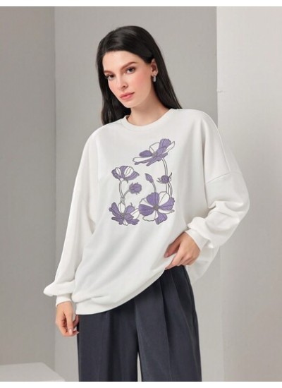 Mulvari Floral Embroidered Drop Shoulder Sweatshirt - Choose Your Size