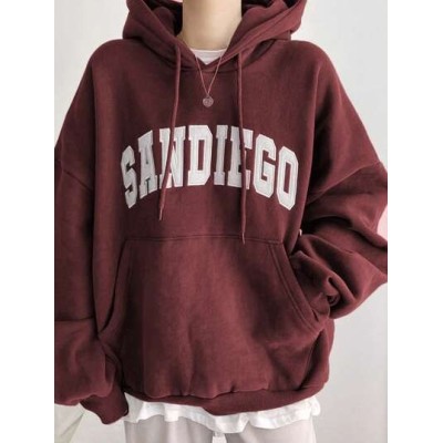 Letter Graphic Kangaroo Pocket Drop Shoulder Drawstring Hoodie Without Tee - Ch