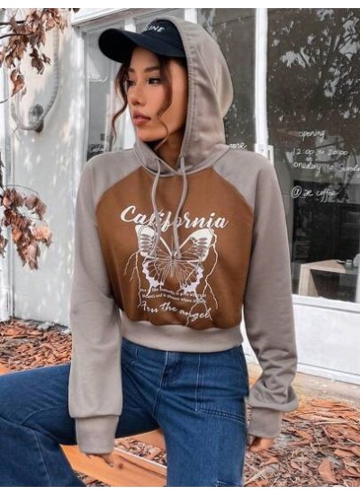 Coolane Butterfly & Slogan Graphic Raglan Sleeve Drawstring Hoodie - Choose You