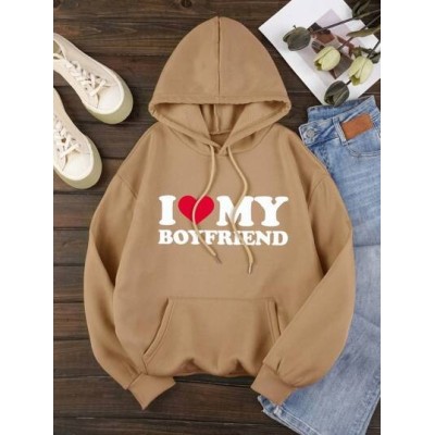 EZwear Heart & Slogan Graphic Kangaroo Pocket Drawstring Thermal Hoodie - Choos