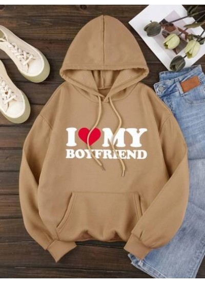 EZwear Heart & Slogan Graphic Kangaroo Pocket Drawstring Thermal Hoodie - Choos