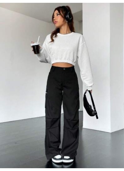 EZwear Drop Shoulder Textured Crop Pullover - Choose Your Size