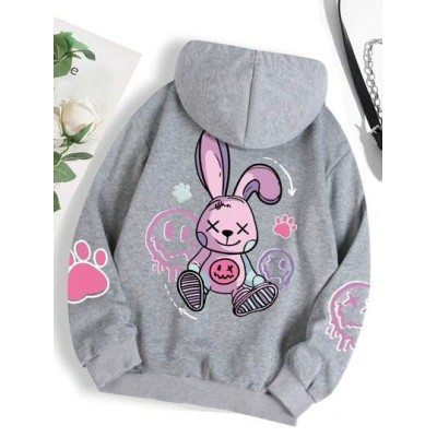 Qutie Cartoon Graphic Kangaroo Pocket Drawstring Thermal Lined Hoodie - Choose