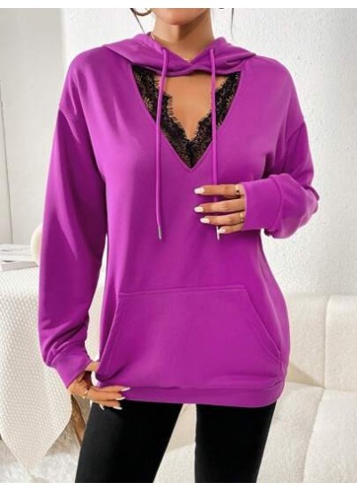 Essnce Contrast Lace Keyhole Front Drop Shoulder Drawstring Hoodie - Choose You