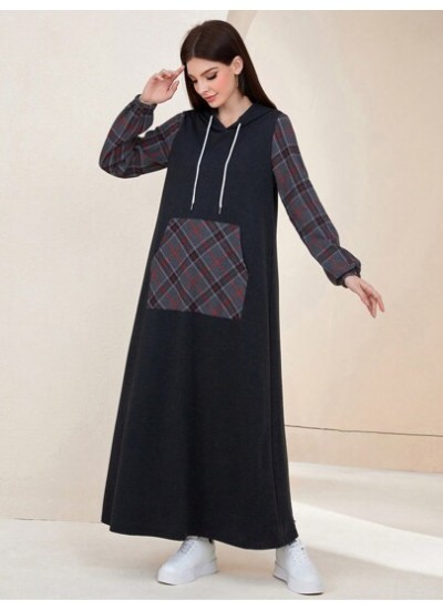 Mulvari Plaid Print Drawstring Hooded Sweatshirt Dress - Choose Your Size