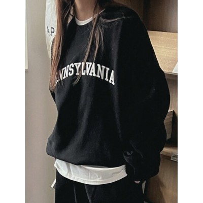 Women.s Letter Embroidered Round Neck Drop Shoulder Sweatshirt - Choose Your Si