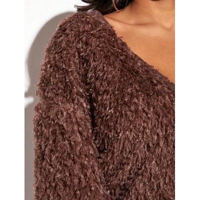 SXY V-Neck Drop Shoulder Teddy Pullover - Choose Your Size