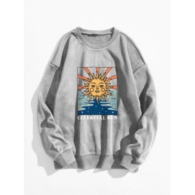 EZwear Sun & Letter Graphic Oversized Thermal Sweatshirt - Choose Your Size