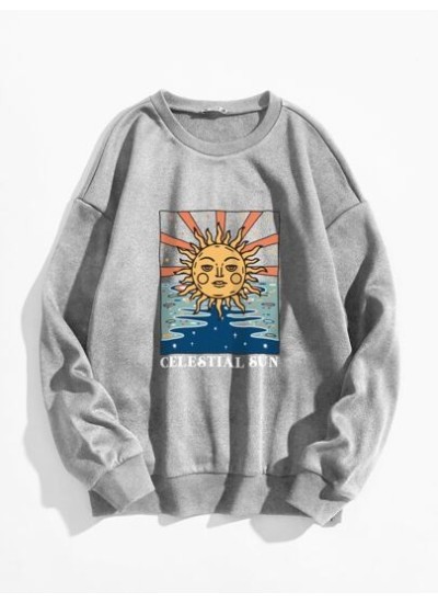 EZwear Sun & Letter Graphic Oversized Thermal Sweatshirt - Choose Your Size