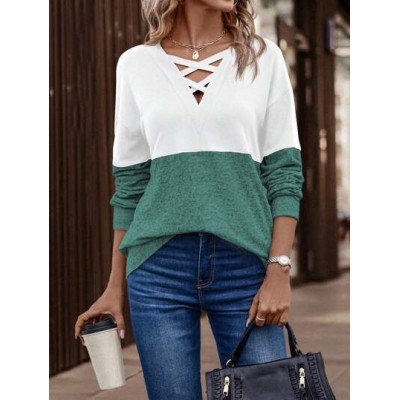 LUNE Women.S Color Block Crossed Tie Shoulder Drop Shoulder Casual Sweatshirt -