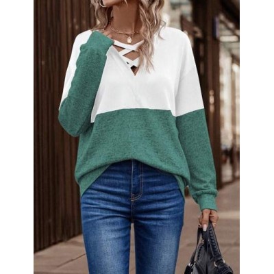 LUNE Women.S Color Block Crossed Tie Shoulder Drop Shoulder Casual Sweatshirt -