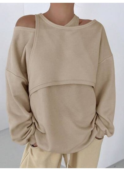 Women.s Irregular Neckline Open Shoulder Sweatshirt - Choose Your Size