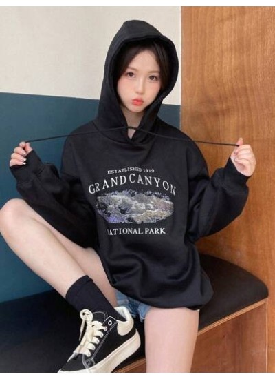 Slogan Graphic Drop Shoulder Drawstring Hoodie - Choose Your Size