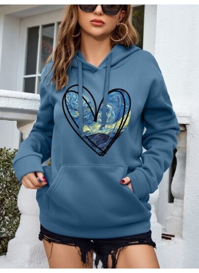 LUNE Heart Print Kangaroo Pocket Drawstring Thermal Lined Hoodie - Choose Your