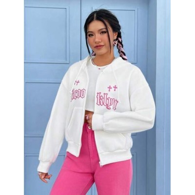 EZwear Letter Graphic Zip Up Drop Shoulder Drawstring Hoodie - Choose Your Size