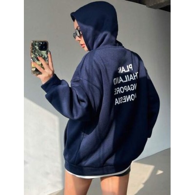 Hooded Long Sweatshirt With Slogan Print - Choose Your Size