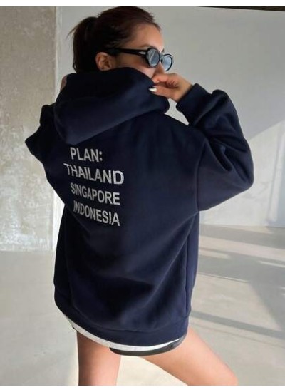 Hooded Long Sweatshirt With Slogan Print - Choose Your Size