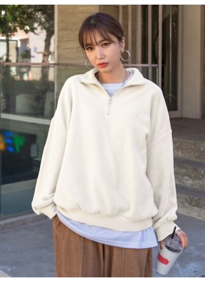 Quarter Zip Letter Embroidery Drop Shoulder Fleece Sweatshirt - Choose Your Siz