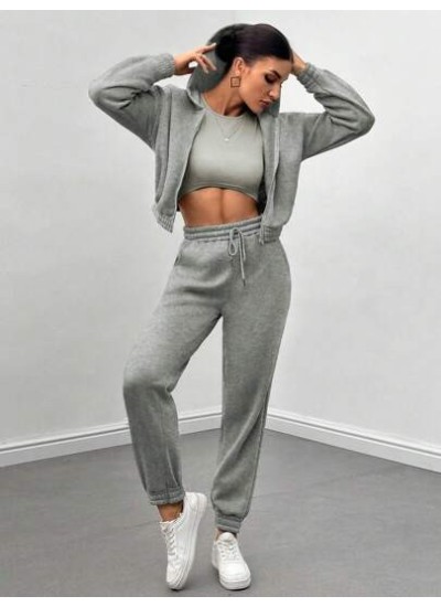 Essnce Ladies. Solid Color Cropped Tank Top And Zip Up Hoodie And Workout Pants