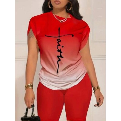 Slayr Casual Round Neck Drop-Shoulder Red And White Gradient English Letters Fr