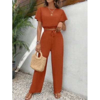 Frenchy Women.s Pants Set Loose Texture Solid Color Casual Two Piece Suit - Cho