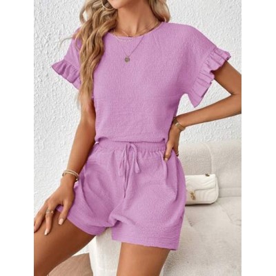 Essnce Ladies. Solid Color Round Neck Batwing Sleeve Top And Shorts Set - Choos