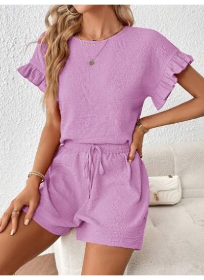 Essnce Ladies. Solid Color Round Neck Batwing Sleeve Top And Shorts Set - Choos