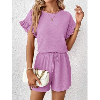 Essnce Ladies. Solid Color Round Neck Batwing Sleeve Top And Shorts Set - Choos