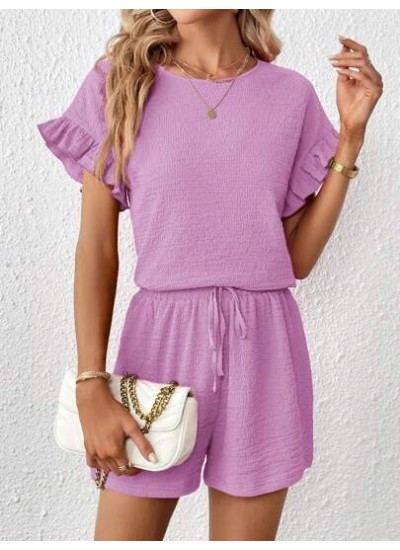 Essnce Ladies. Solid Color Round Neck Batwing Sleeve Top And Shorts Set - Choos