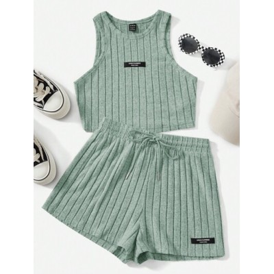 EZwear Letter Patched Detail Tank Top & Drawstring Waist Shorts - Choose Your S