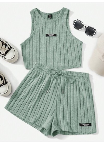 EZwear Letter Patched Detail Tank Top & Drawstring Waist Shorts - Choose Your S