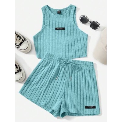 EZwear Letter Patched Detail Tank Top & Drawstring Waist Shorts - Choose Your S