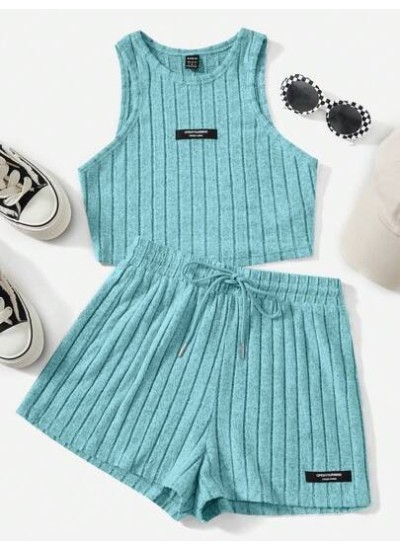 EZwear Letter Patched Detail Tank Top & Drawstring Waist Shorts - Choose Your S