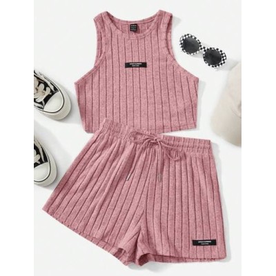 EZwear Letter Patched Detail Tank Top & Drawstring Waist Shorts - Choose Your S