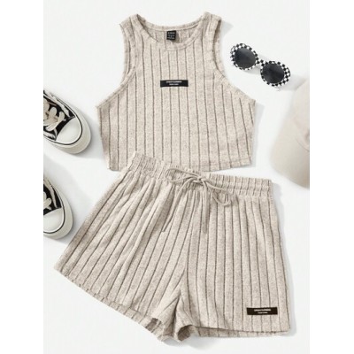 EZwear Letter Patched Detail Tank Top & Drawstring Waist Shorts - Choose Your S