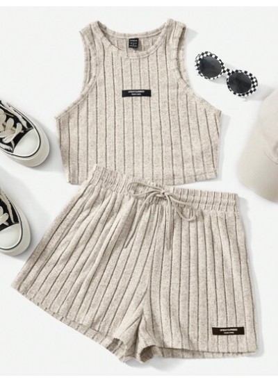 EZwear Letter Patched Detail Tank Top & Drawstring Waist Shorts - Choose Your S