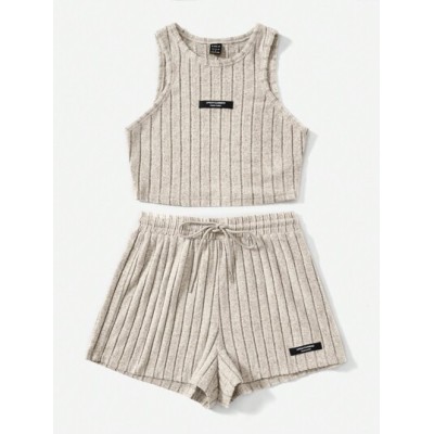 EZwear Letter Patched Detail Tank Top & Drawstring Waist Shorts - Choose Your S