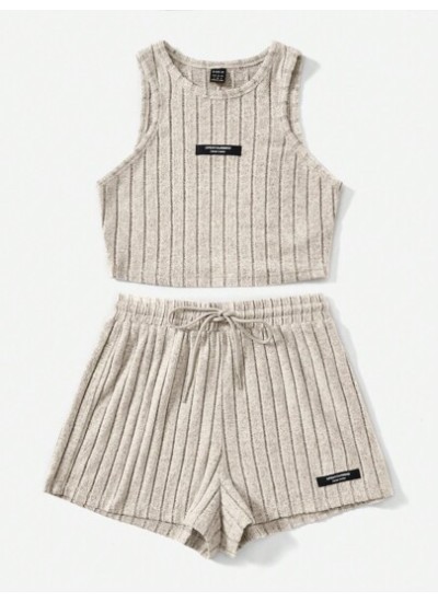 EZwear Letter Patched Detail Tank Top & Drawstring Waist Shorts - Choose Your S