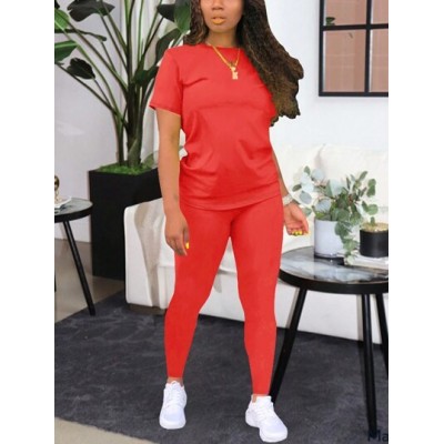 Solid Color Women.s Short Sleeve T-Shirt And Pants Set - Choose Your Size